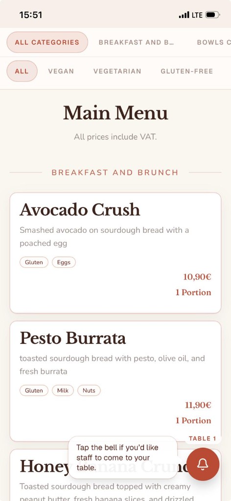 Guest menu with the bell