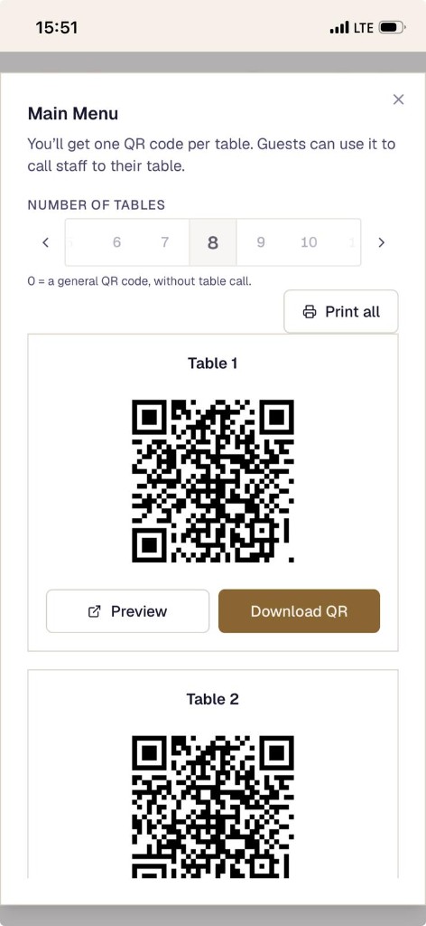 QR codes per table for printing