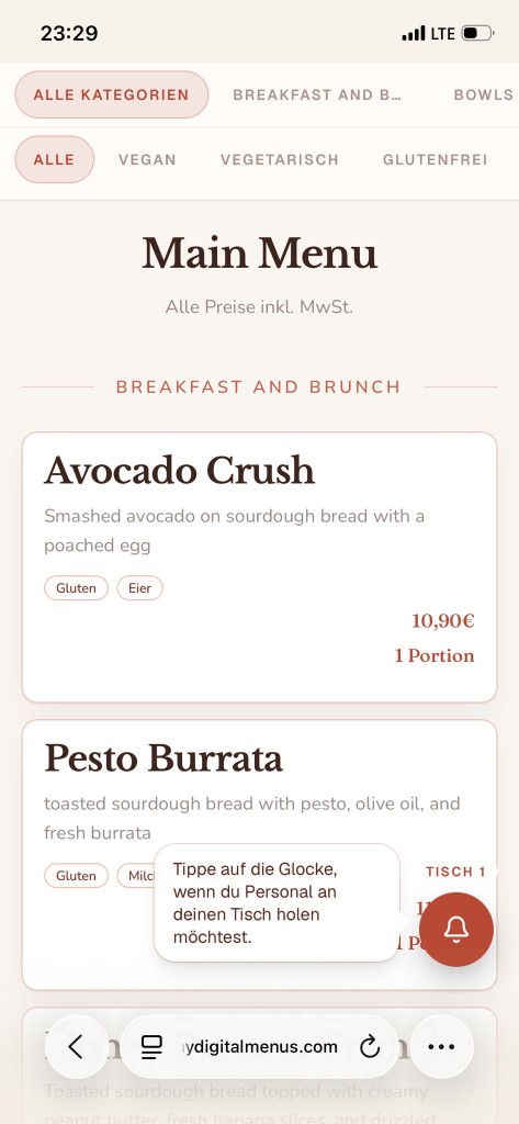 Digital menu on a phone