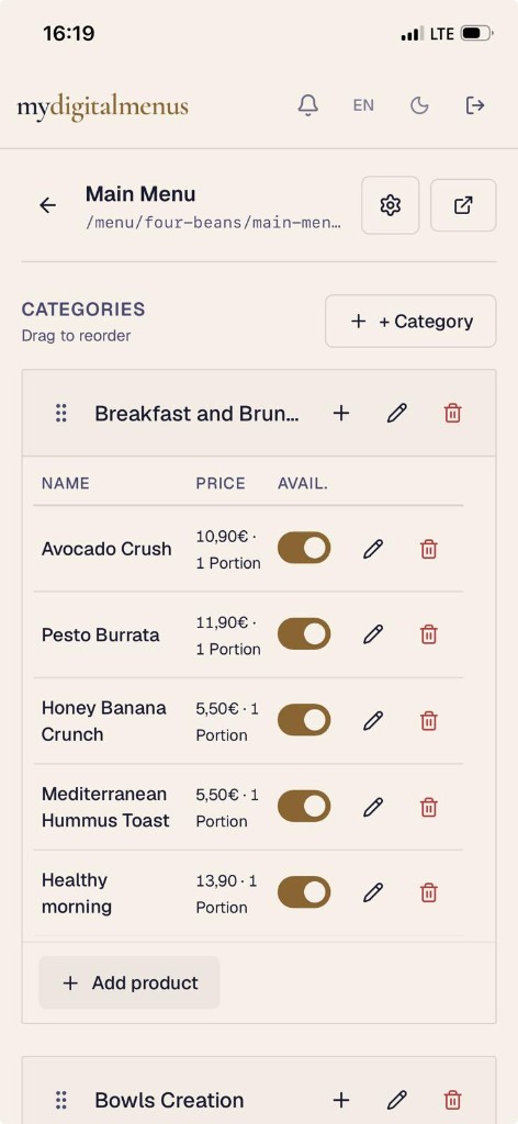 Edit categories and products