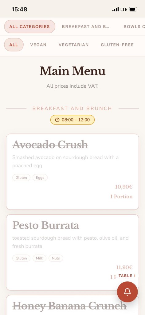 Menu with a timed category